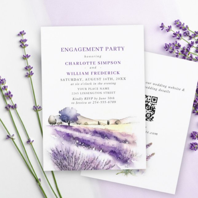 Convites Lavanda Flores Campo FESTA DE NOIVADO Código QR (Criador carregado)
