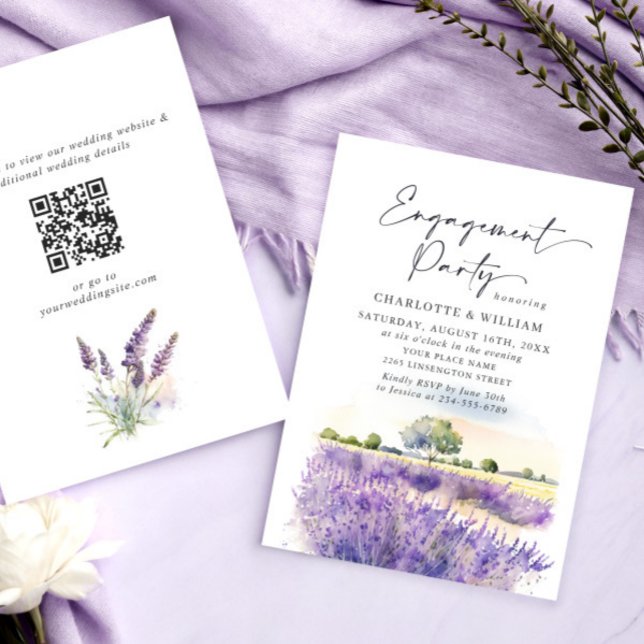 Convites Lavanda Flores Campo Festa de noivado Código QR (Criador carregado)