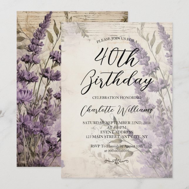 Convites Lavanda Flores Mulheres aniversário de 40 anos (Frente/Verso)