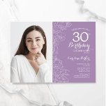 Convites Lavanda Foto Floral Purple aniversário de 30 anos<br><div class="desc">Convite de festas aniversário de 30 anos púrpura de lavanda floral com sua foto na frente da placa. Elegante design moderno com desenhos botânicos desenhados em destaque e letra de script de tipografia. Simples trendy convida cartão perfeito para uma festa de na moda. Pode ser personalizado para qualquer idade. Impressos...</div>