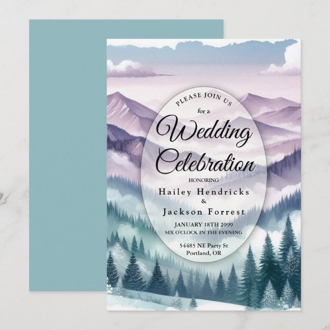 Convites Lavanda Frost no Casamento de Névoa Alpina (Frente/Verso)