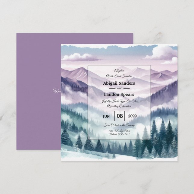 Convites Lavanda Frost no Casamento de Névoa Alpina (Frente/Verso)