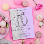 Convites Lavanda Girly Chic Silver Glitter Ombre Sweet 16<br><div class="desc">Este convite de aniversário giro e chique de 16 anos é perfeito para o dia especial da sua filha adolescente. Ele apresenta um brilho prateado cintilante impresso em falso grande, "16", em cima de um simples roxo de lavanda pastel e brilho fino prateado lateralmente, fundo ombre gradiente. É simples, único,...</div>