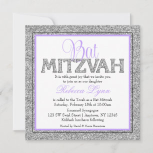 Convites Lavanda Glam Faux Glitter Silver Bat Mitzvah