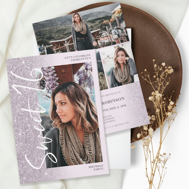 Convites Lavanda glitter ombre script 4 fotos Sweet 16 (Criador carregado)