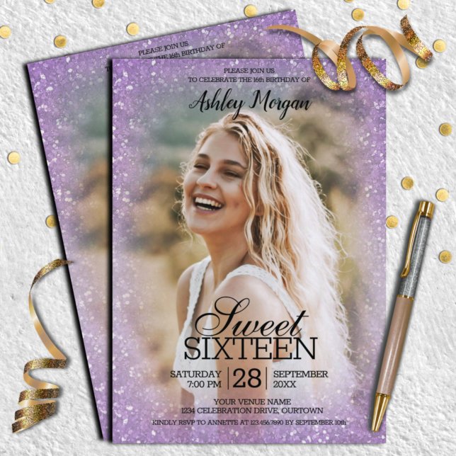Convites Lavanda Glitter Photo Template Sweet 16 Party (Criador carregado)