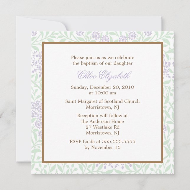 Convites Lavanda Green Floral Damask Christening (Frente)