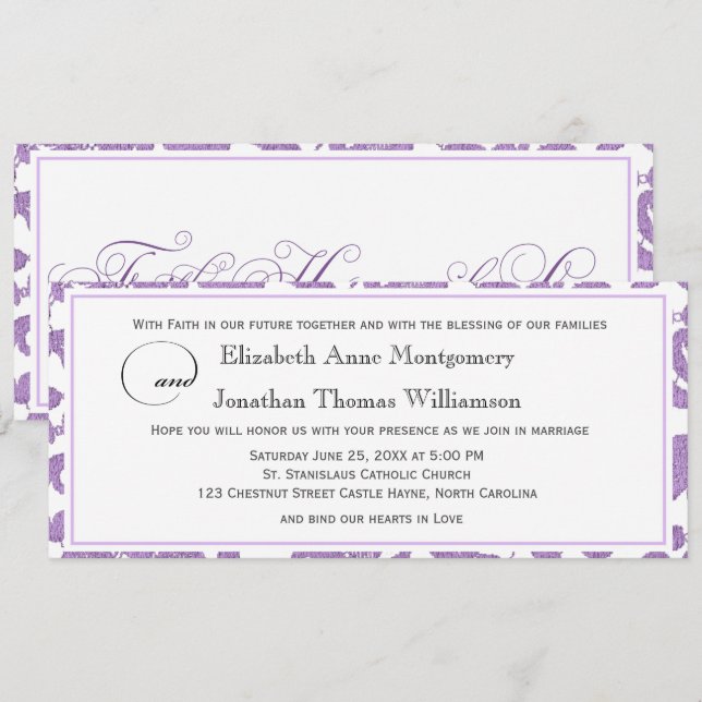 Convites Lavanda Lace Faith Hope Ama Casamento Horizontal (Frente/Verso)