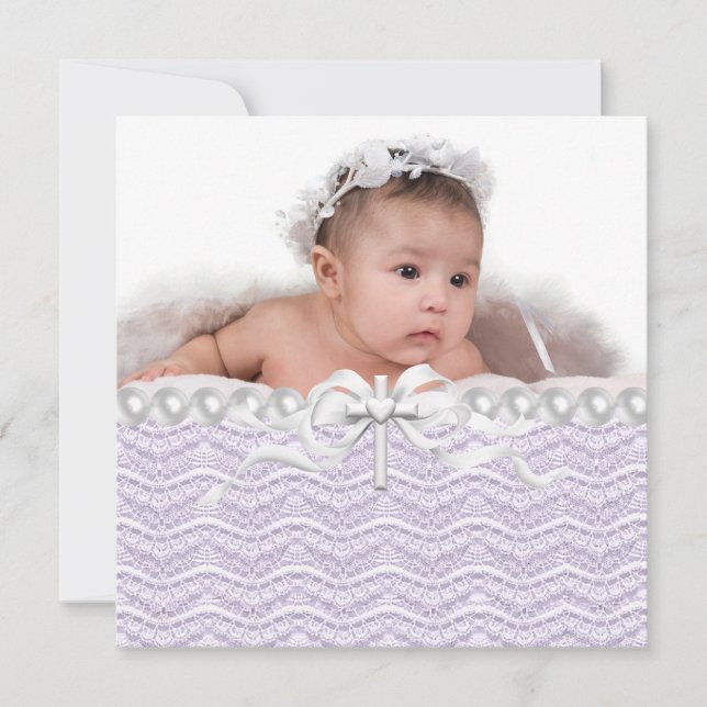 Convites Lavanda Lace Pearl Cross Christening (Frente)