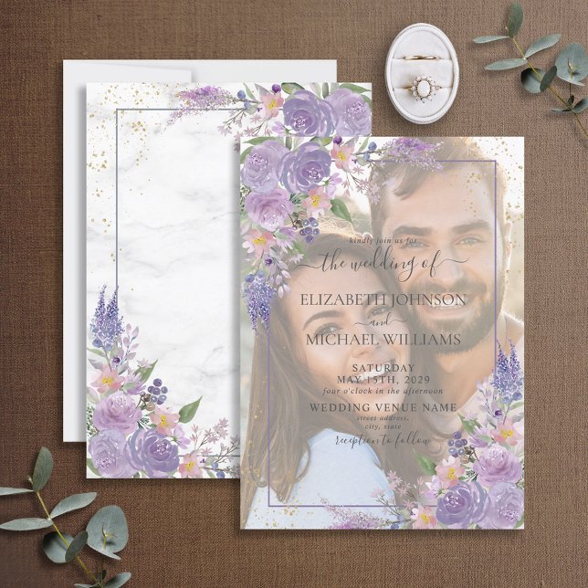 Convites Lavanda Lilac Dourado Vellum Overlay Casamento Fot (Criador carregado)
