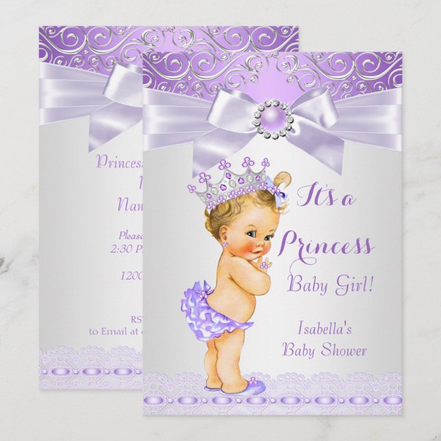 Convites Lavanda Lilás Branco Princesa Chá de Bebê Loura (Frente/Verso)