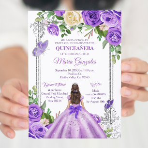 Convites Lavanda lilás prata roxa Quinceanera Borboleta