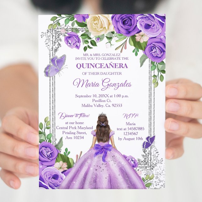 Convites Lavanda lilás prata roxa Quinceanera Borboleta (Criador carregado)