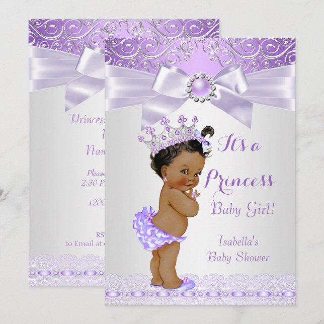 Convites Lavanda Lilás Princesa Bebê Chamada Étnica Branco (Frente/Verso)