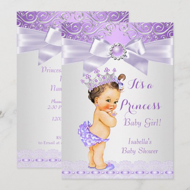 Convites Lavanda Lilás Princesa Bebê Chuva Morena Branco (Frente/Verso)