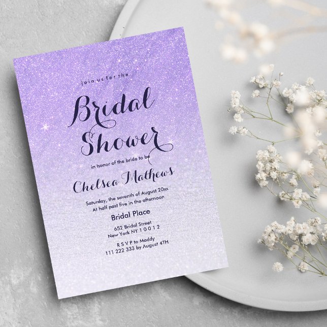 Convites Lavanda lilíaca faux glitter ombre Chá de panela (Lilac lavender faux glitter ombre Bridal Shower Invitation )