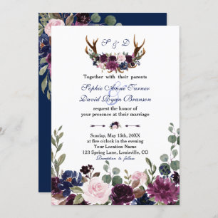 Convites Lavanda Marinho Azul Floral Bloom Antlers Casament