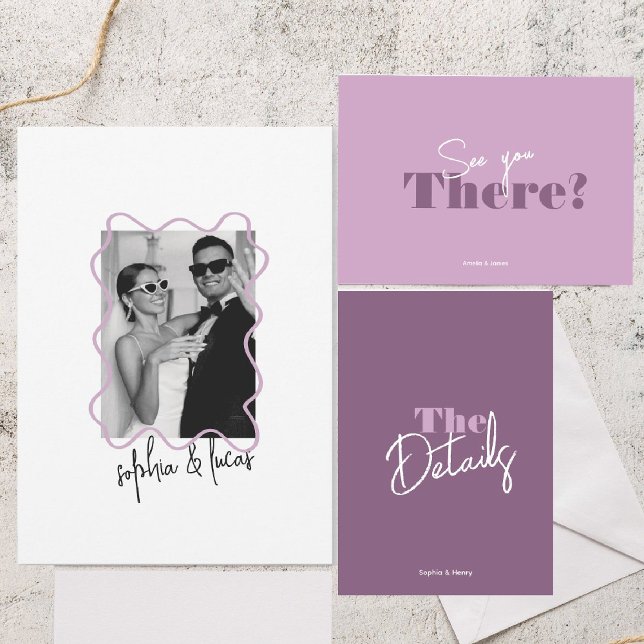 Convites lavanda mínima moderna e casamento ondulado lilac (Criador carregado)