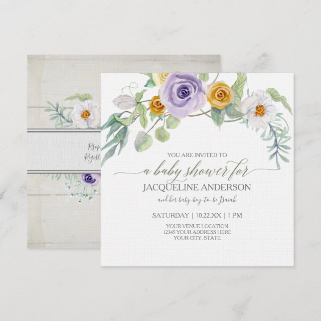 Convites Lavanda n Amber Rosa Floral Wood Chá de fraldas Gi (Frente/Verso)