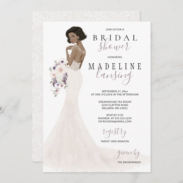 Convites Lavanda noiva no Chá de panela do Lace Gown (Frente/Verso)