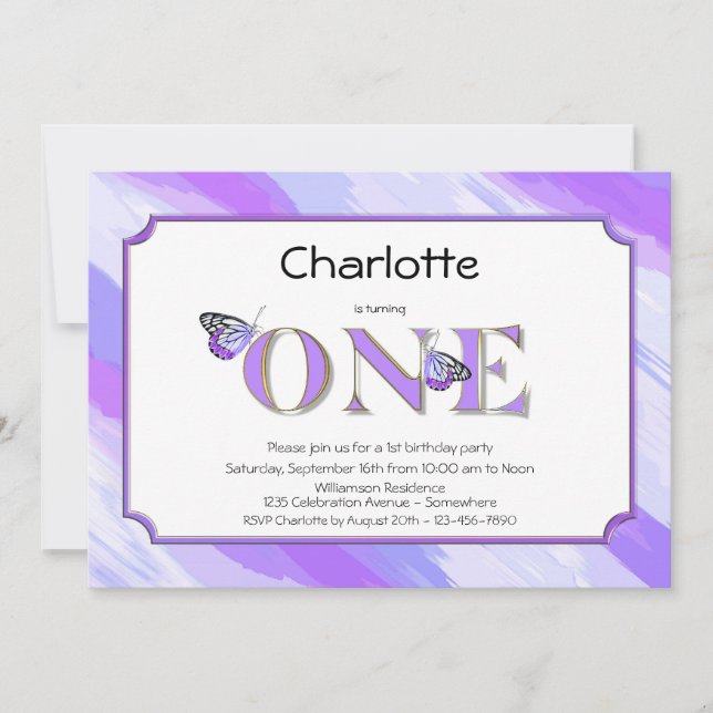 Convites Lavanda primeiro aniversario e Dourado com faixas (Frente)