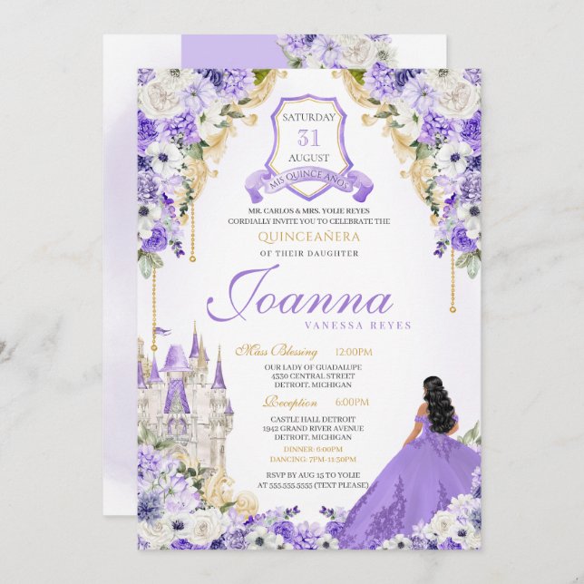 Convites Lavanda Purple e Dourada Princesa Real Quinceanera (Frente/Verso)