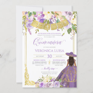 Convites Lavanda Purple Floral e Dourada Charro Quinceanera