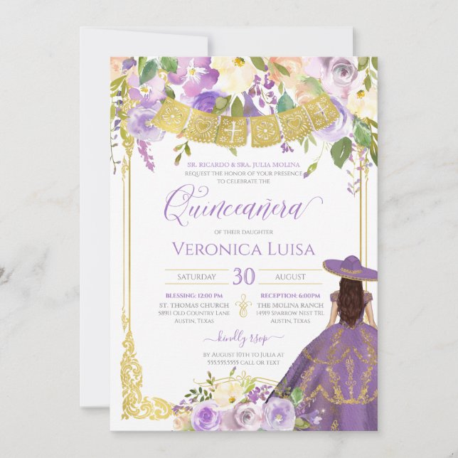 Convites Lavanda Purple Floral e Dourada Charro Quinceanera (Frente)