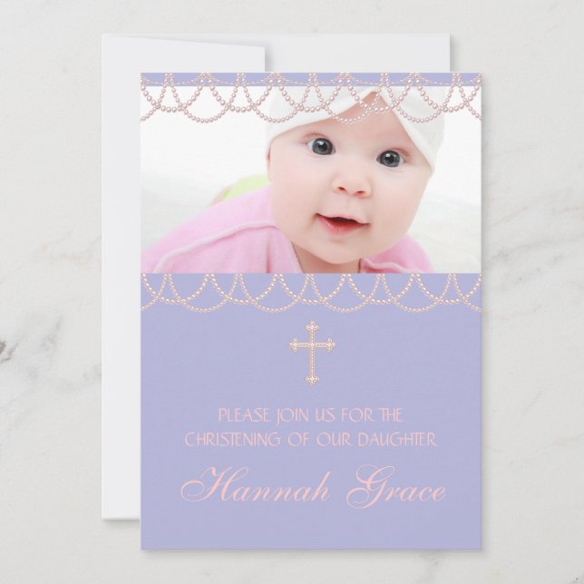 Convites Lavanda Purple Pearl Cross Fotografia Christening (Frente)