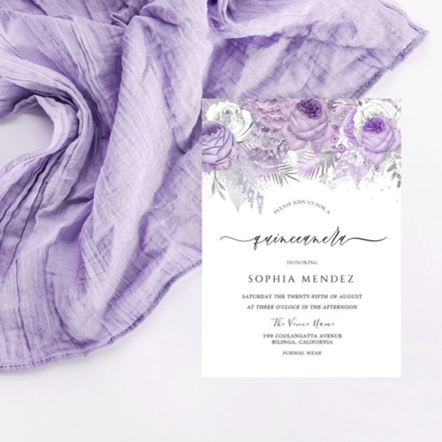 Convites Lavanda Purple Sparkle Floral Quinceanera (Criador carregado)