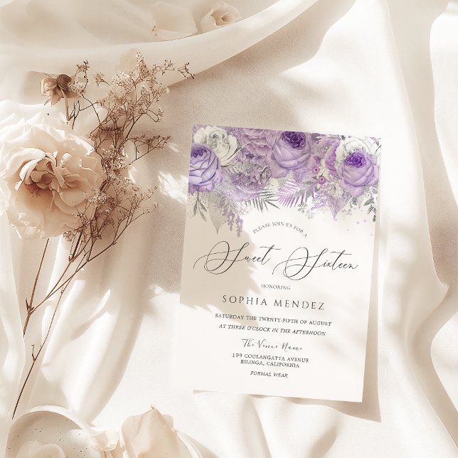 Convites Lavanda Purple Sparkle Floral Sweet 16 Party (Criador carregado)