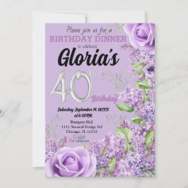 Convites Lavanda púrpura de aniversário de 40 anos floral