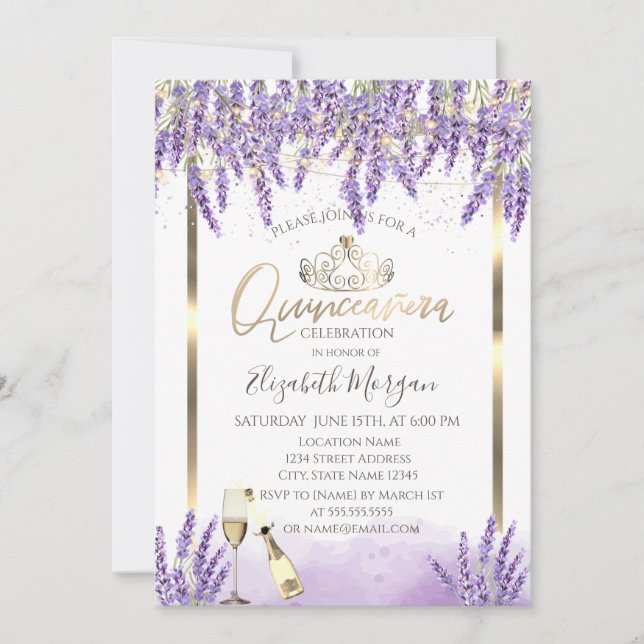 Convites Lavanda Quadro Vinho Quinceanera (Frente)