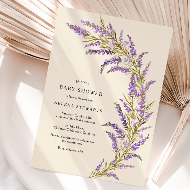 Convites Lavanda Queda chá de fraldas de aquarela floral (Lavender Fall floral watercolor baby shower Invitation on ivory)