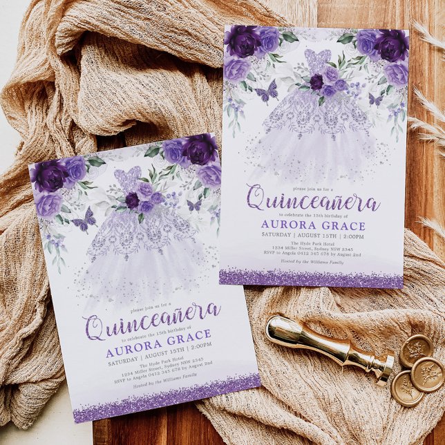 Convites Lavanda Quinceañera Princesa Vestida Borboletas (Criador carregado)