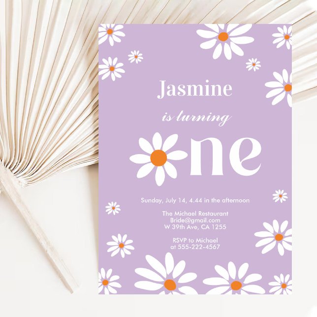 Convites Lavanda Retro Groovy Daisy Florals primeiro aniver (Lavender Retro Groovy Daisy Florals 1st Birthday Invitation)