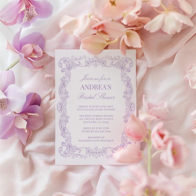 Convites Lavanda Romântica Elegante Vintage (Elegant Vintage Romantic Lavender Bridal Shower Invitation)