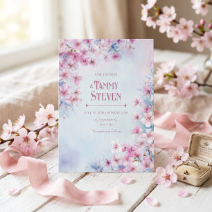 Convites Lavanda Rosa Borda de Sakura em Aquarela Casamento