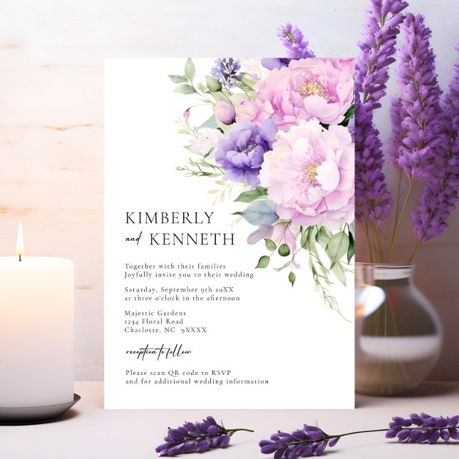 Convites Lavanda rosa púrpura RSVP Floral Código QR Casamen (Purple Lavender Pink Floral RSVP QR code Wedding Invitation)