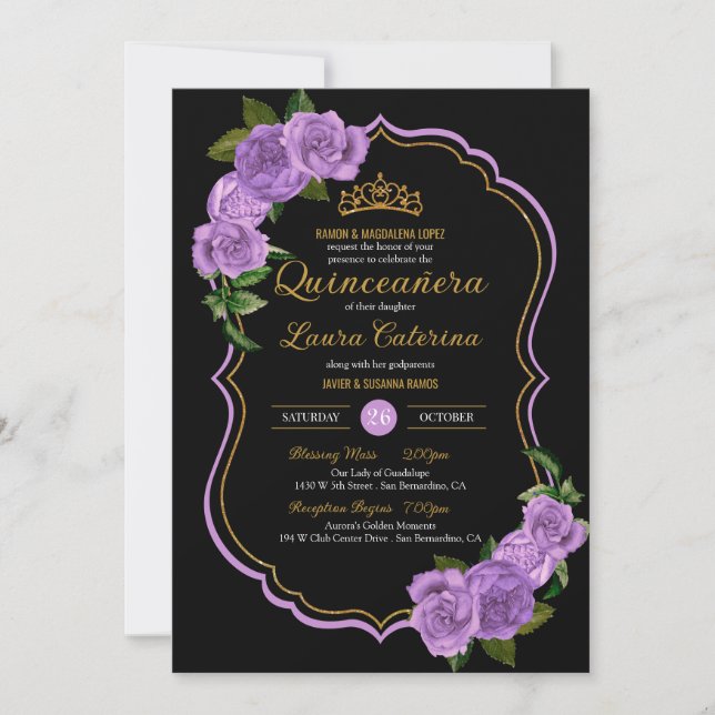 Convites Lavanda Rosas Roxos Dourada Quinceañera (Frente)