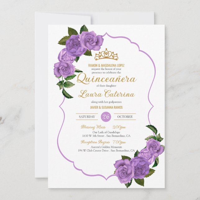 Convites Lavanda Rosas Roxos Dourada Quinceañera (Frente)