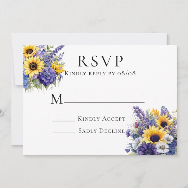 Convites Lavanda roxa com placas RSVP de Girassóis (Frente)