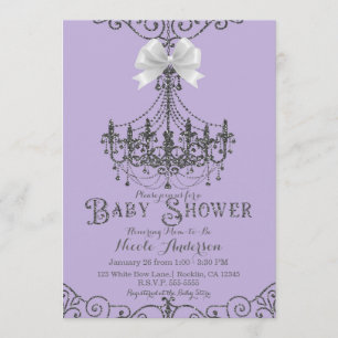 Convites Lavanda Roxa e Laço Branco Prata Chás de Bebê