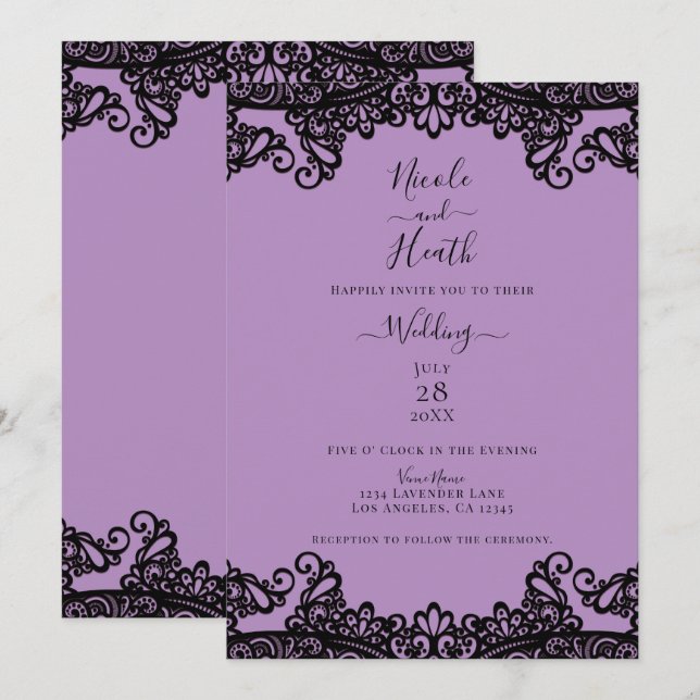 Convites Lavanda Roxa e Laço Preto Casamento Elegante (Frente/Verso)