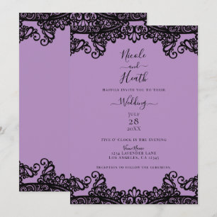 Convites Lavanda Roxa e Laço Preto Casamento Elegante