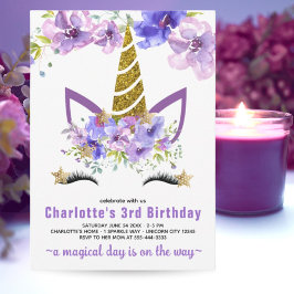 Convites Lavanda Roxa Floral Unicorn Birthday Barty