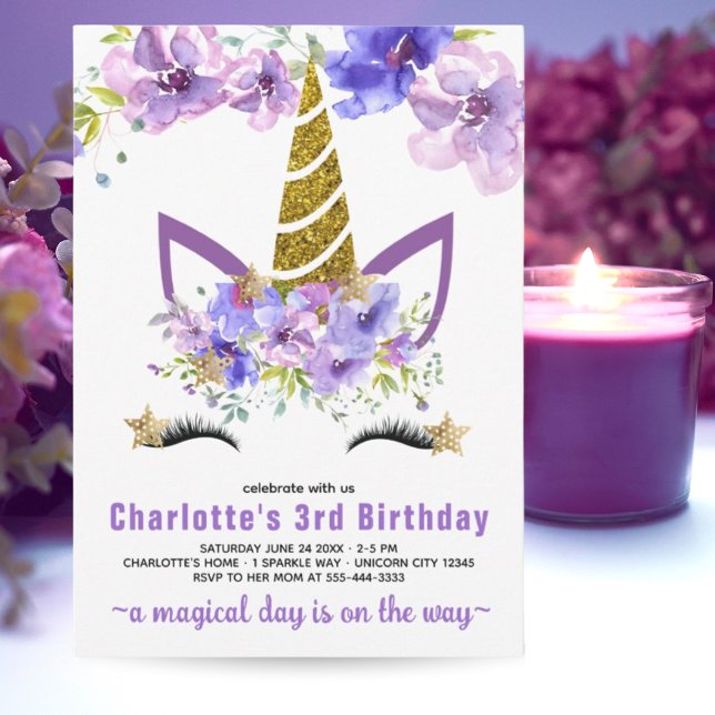 Convites Lavanda Roxa Floral Unicorn Birthday Barty (Purple Lavender Floral Unicorn Birthday Barty Invitation)