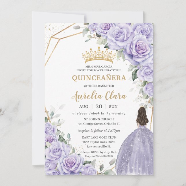 Convites Lavanda roxa Princesa Floral Dourada Quinceañera (Frente)
