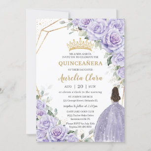 Convites Lavanda roxa Princesa Floral Dourada Quinceañera
