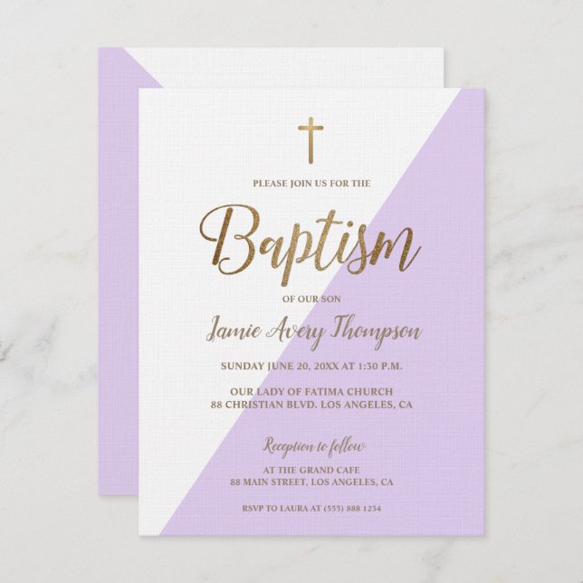 Convites Lavanda Roxinha Dourada Batismo Moderno Invi (Frente/Verso)